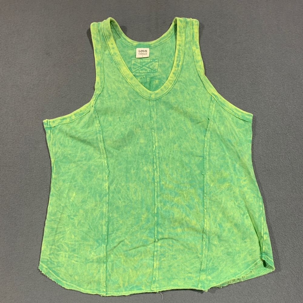 Love Vintage Womens Grunge Tank‎ Top L Green Acid Wash Sleeveless Raw Hem Casual